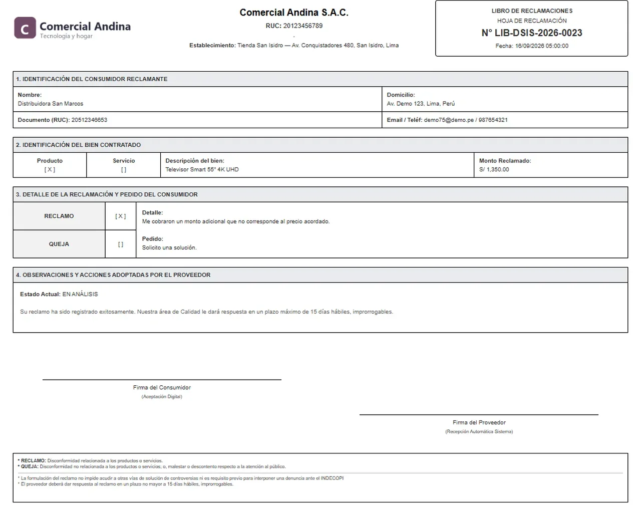 Hoja de reclamación en PDF con secciones de consumidor, bien contratado, detalle y observaciones