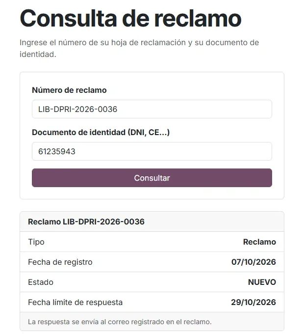 Página pública de consulta de estado del reclamo con número y documento